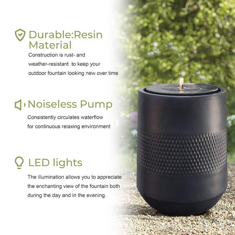 Dark Gray Resin Round Bubbler 23" Tall Outdoor Fountain with Lights, Solar Powered