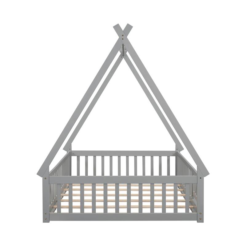 Full Tent-shaped Floor Bed,with Guardrails,Slats,Door