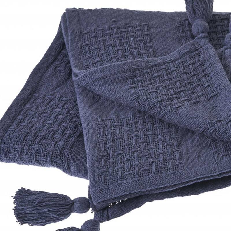 HomeRoots 50" X 60" Navy Blue Woven Cotton Throw Blanket with Tassels