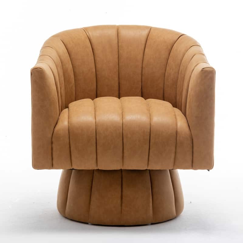 SEYNAR Mid-Century Swivel PU Leather Tufted Round Accent Barrel Chair - Mustard