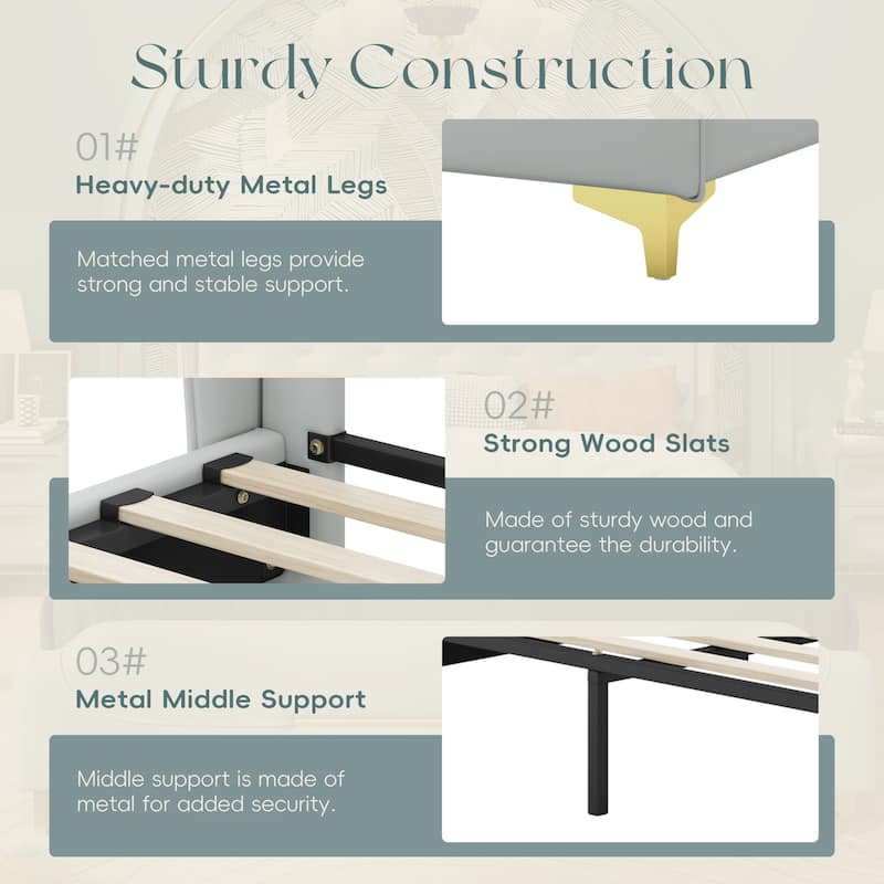 Queen/King PU Leather Upholstered Platform Bed with Wingback Headboard & Footboard, Gold Metal Accents and Wooden Slats
