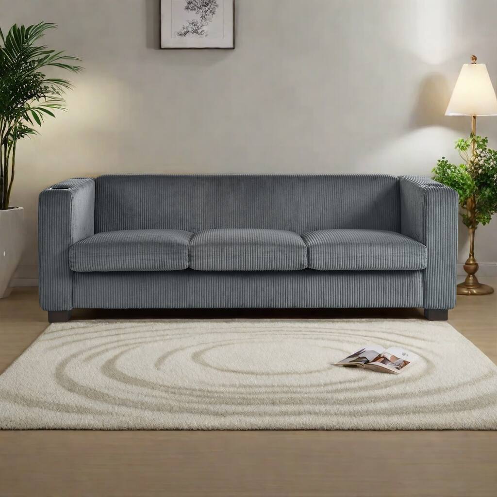 80" Solid Wood 3-Seater Sofa with 2 USB ports and two cup holders