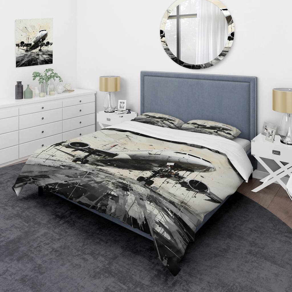 Designart "Abstracted Plane Flight Path" Grey Modern - Bed Cover Set With Shams