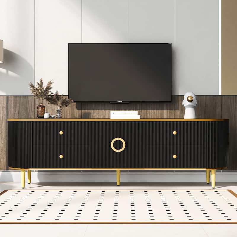 Fluted TV Stand with 4 Drawers & 1 Cabinet, Wood Curved Entertainment Center, Console Table with Metal Legs & Handles - Black
