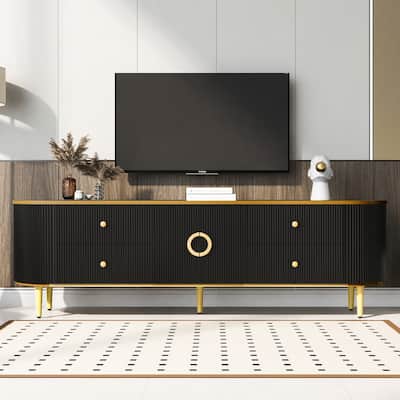 Fluted TV Stand with 4 Drawers & 1 Cabinet, Wood Curved Entertainment Center, Console Table with Metal Legs & Handles