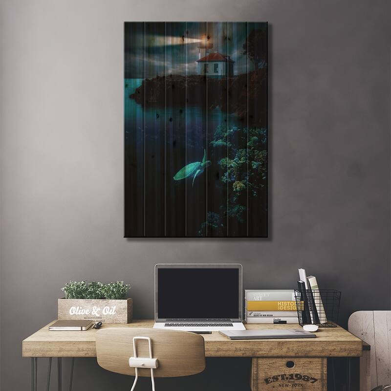 Turtle In The Corals And Lighthouse Print On Wood by GEN Z - Multi-Color