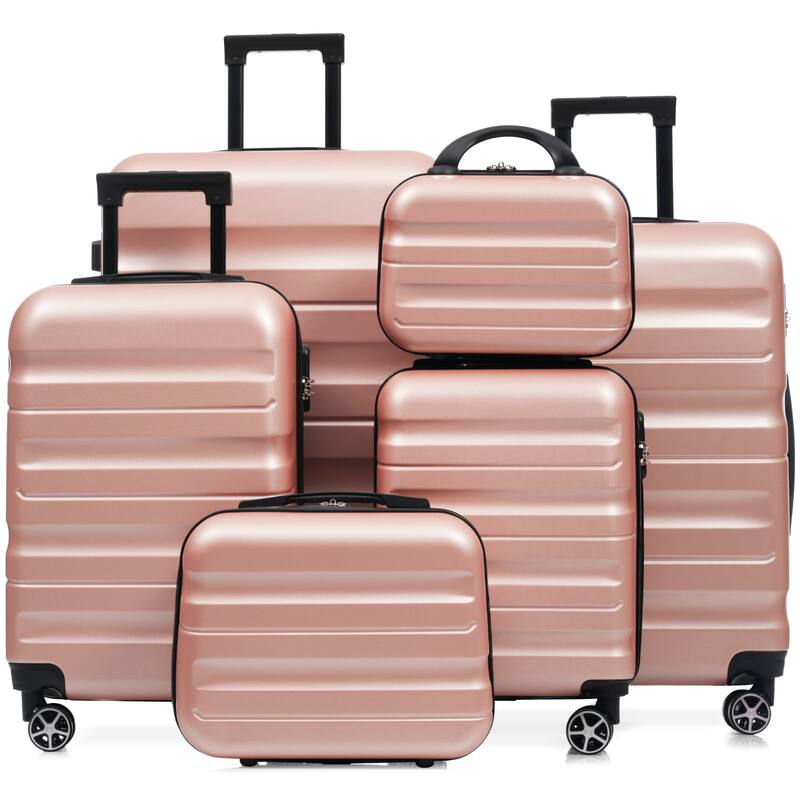 6-Piece ABS Hardshell Luggage Set - Lightweight & Durable Suitcases with Dual Spinner Wheels, Carry-On & Check-In Sizes - Rose Gold