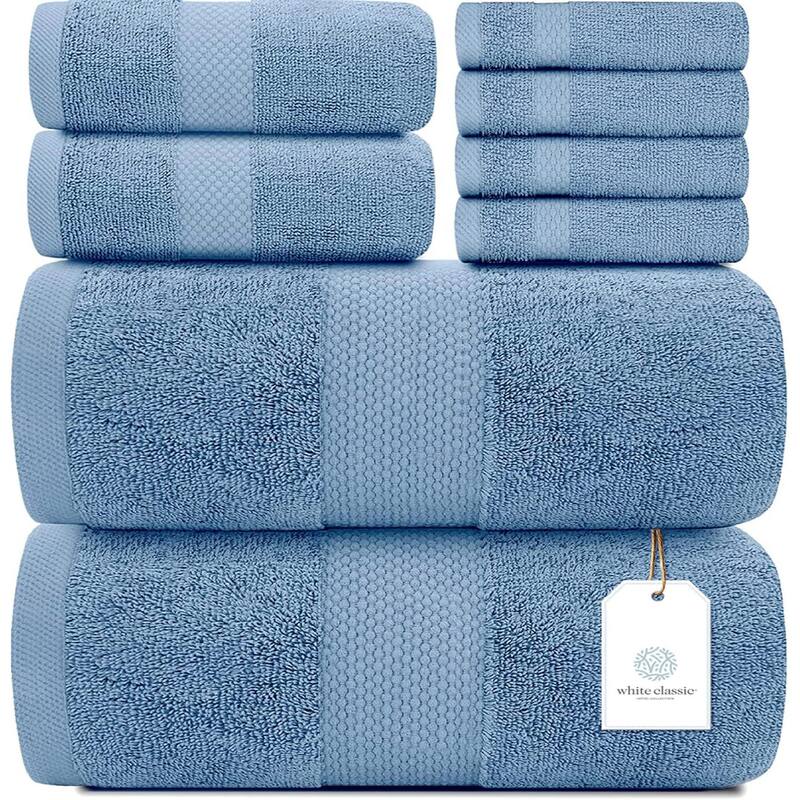 White Classic Luxury Cotton 8Pc Multi Size Towel Set [2 Bath Towels, 2 Hand Towels, 4 Washcloths] - Light Blue