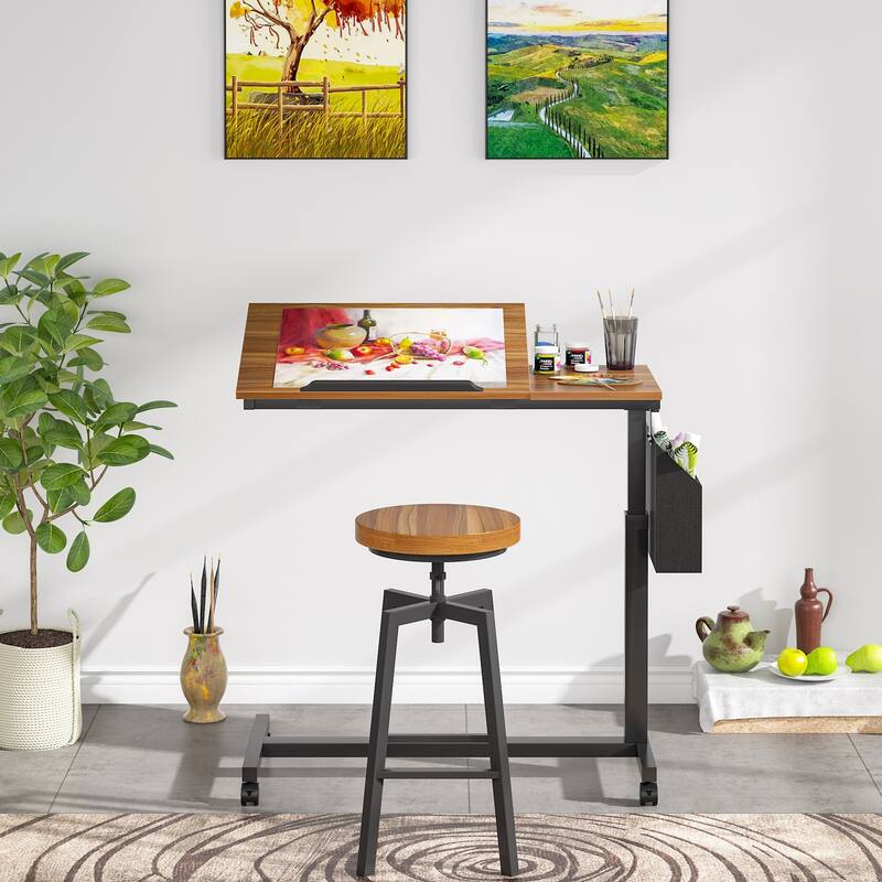 Adjustable C Shaped End Table - Walnut