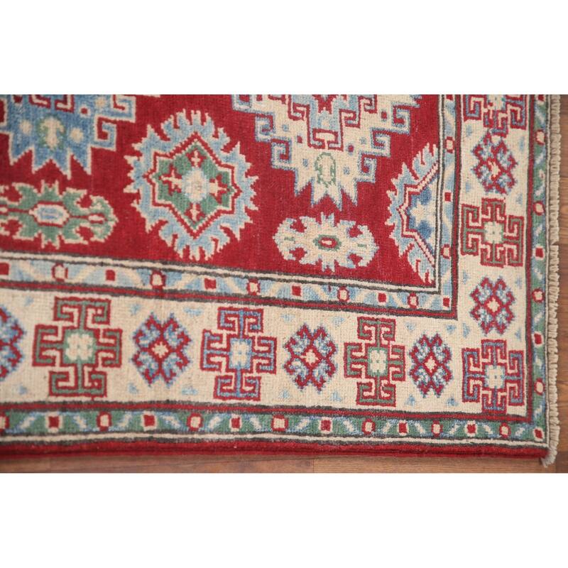 Hand Knotted Oriental 100% Wool Carpet Traditional Geometric Red Kazak Runner Rug - 6' 8'' X 2' 8''