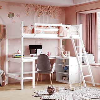 Modern Concise Design Twin Size Wood Loft Bed with Ladder,Sturdy Pine Wood Made Desk and Shelves in Floor Space