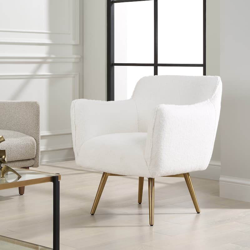 Solid Brushed Brass Swivel Chair with Tapered Legs - 33.5" - White