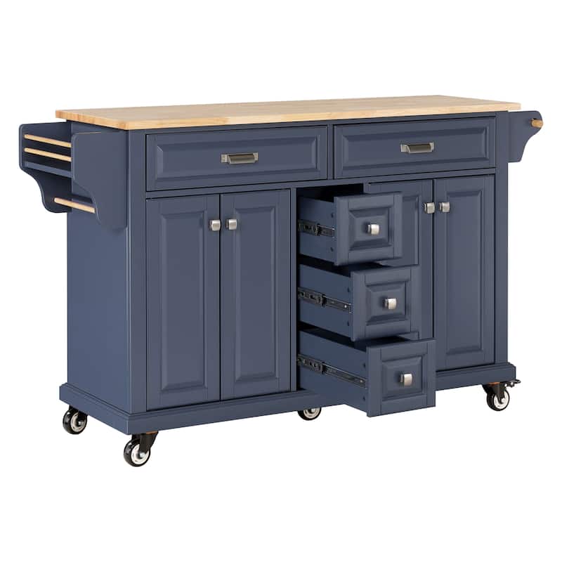 Kitchen Island with Rubber wood Countertop, Kitchen Cart on 5 Wheels with Storage Cabinet and 5 Drawers for Dinning Room