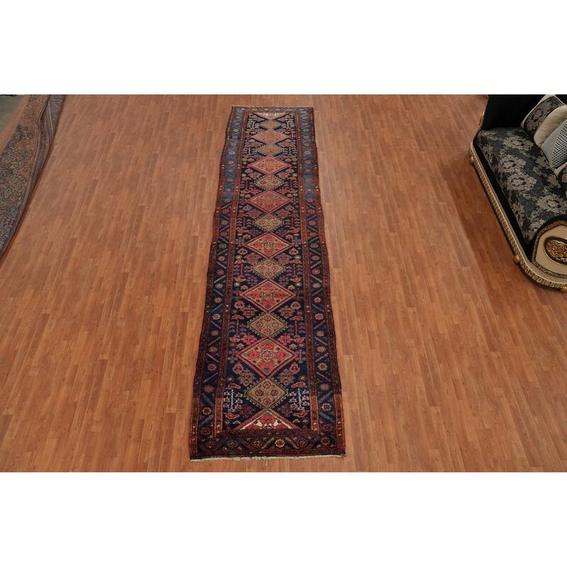 Hand Knotted Oriental 100% Wool Carpet Traditional Geometric Navy Blue & Blues Heriz (serapi) Runner Rug - 16' 4'' X 4' 0''