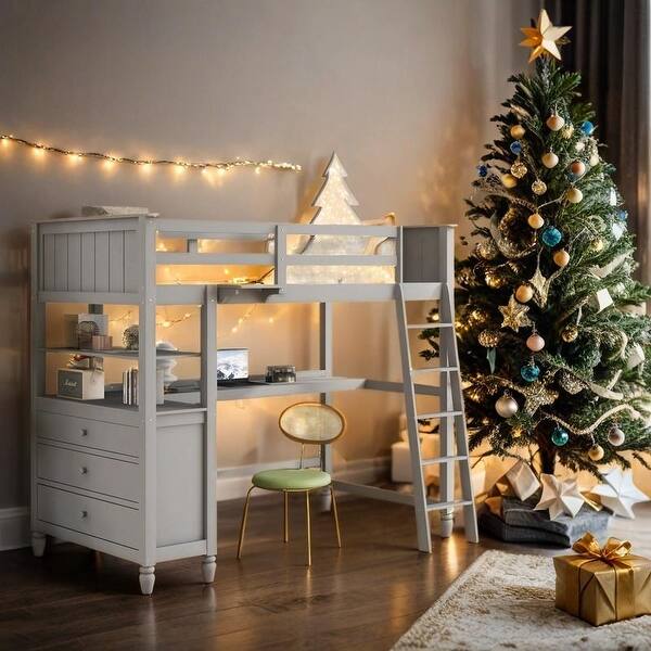 slide 2 of 16, Twin size Loft Bed with Drawers, Built-in Desk and Shelves, Grey Grey