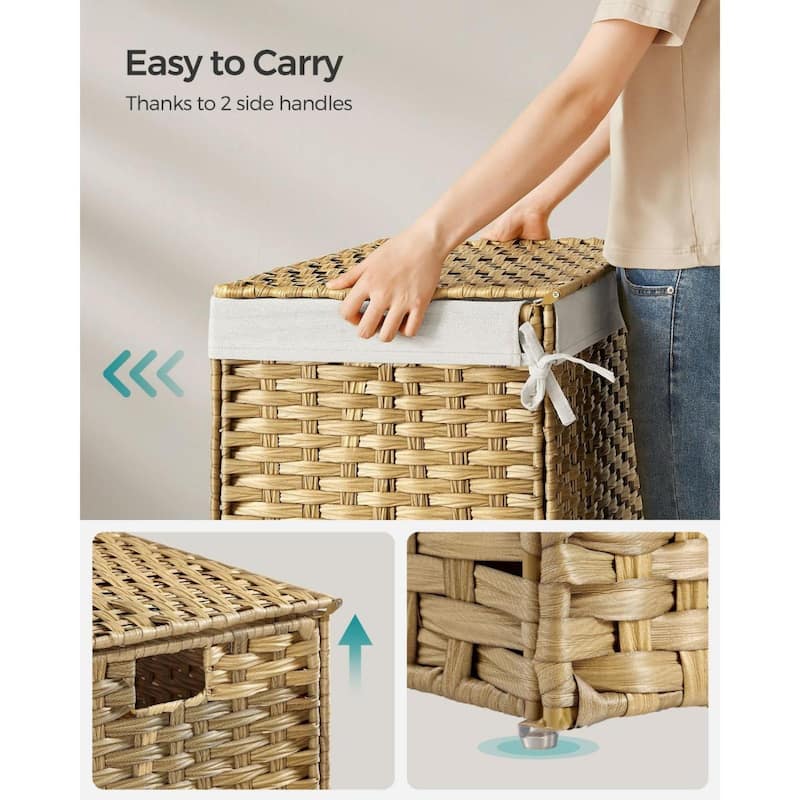 Portable Wicker Basket with Lid Waterproof Foldable Laundry Hamper with Washable Liner and Cut-Out Handles
