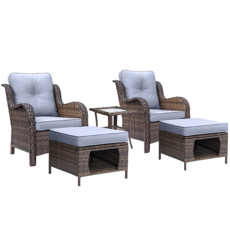 5 Piece Outdoor Wicker Patio Conversation Chair with Ottoman Set