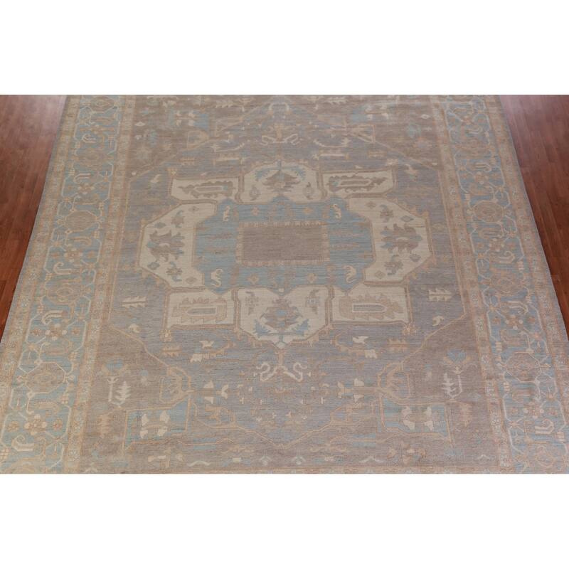 Hand Knotted Oriental 100% Wool Carpet Transitional Medallion Navy Blue & Blues Oushak Area Rug - 14' 8'' X 12' 0''