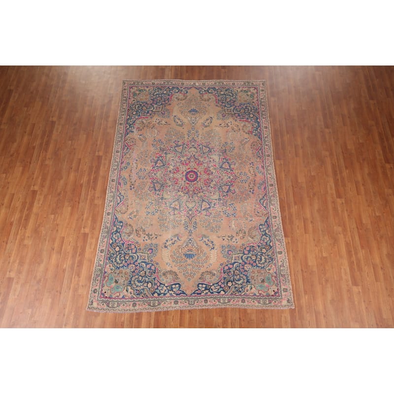 Mashad Persian Vintage Area Rug Handmade Wool Carpet - 6'7"x 9'11"