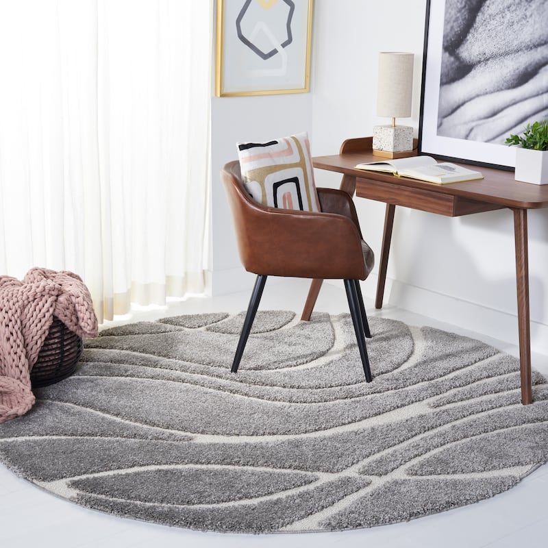 SAFAVIEH Florida Shag Sigtraud Abstract Waves 1.2-inch Area Rug - 6'7" x 6'7" Round - Light Grey/Ivory