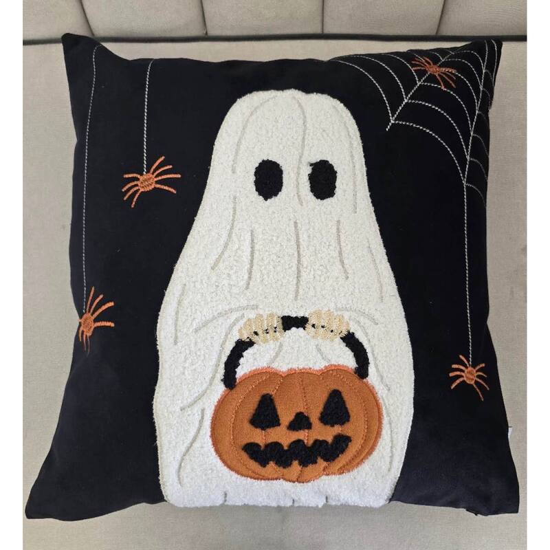 Halloween Ghost with Pumpkin Bucket Throw Pillow