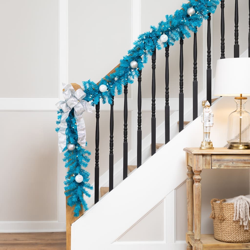 Pre-Lit Artificial Pine Christmas Garland - 9' - Turquois Blue - Clear Lights