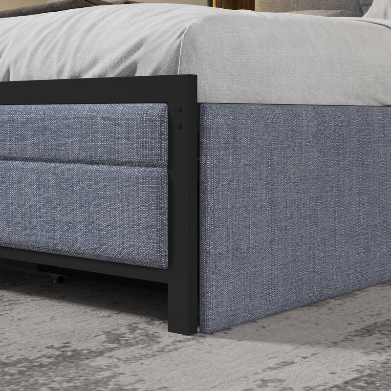 French Queen Size Bed Frame Platform with Brown/Black Storage Headboard & 4 Storage Drawers