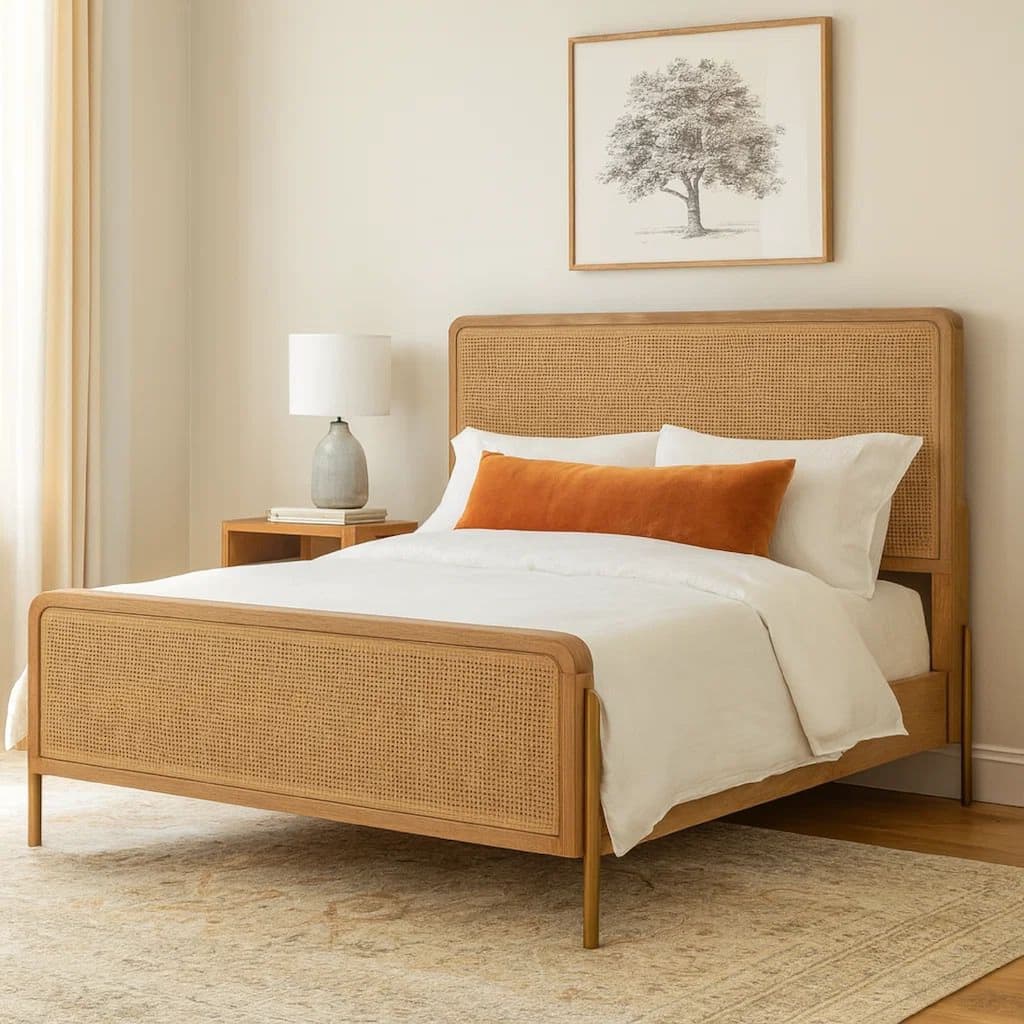 Sea Wood King Size Bed with Woven Cane Design, Open Panel, 4 Slats, Brown