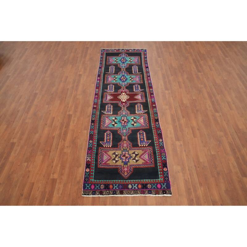 Hand Knotted Oriental 100% Wool Carpet Traditional Tribal Navy Blue & Blues Ardebil Runner Rug - 10' 0'' X 3' 2''