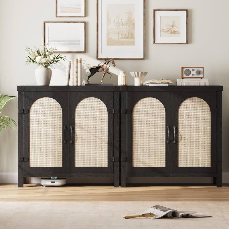 Rattan Sideboard Buffet Cabinets with Storage, Farmhouse Kitchen Accent Storage Cabinet, Boho Coffee Bar Cabinet