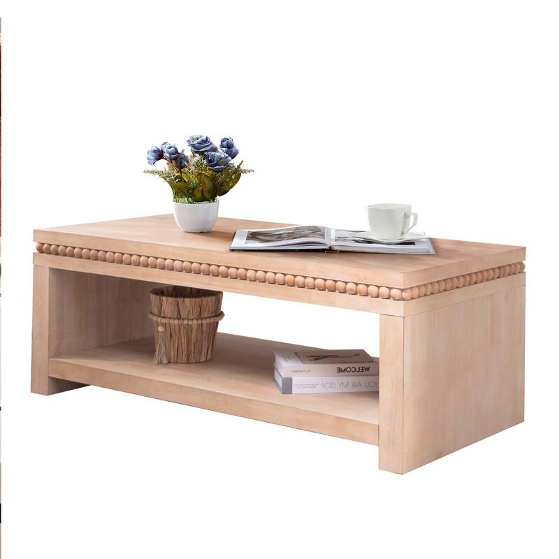 Modern Wood Coffee Table with Beaded Trim and Open Storage Shelf for Stylish Living Room Decor