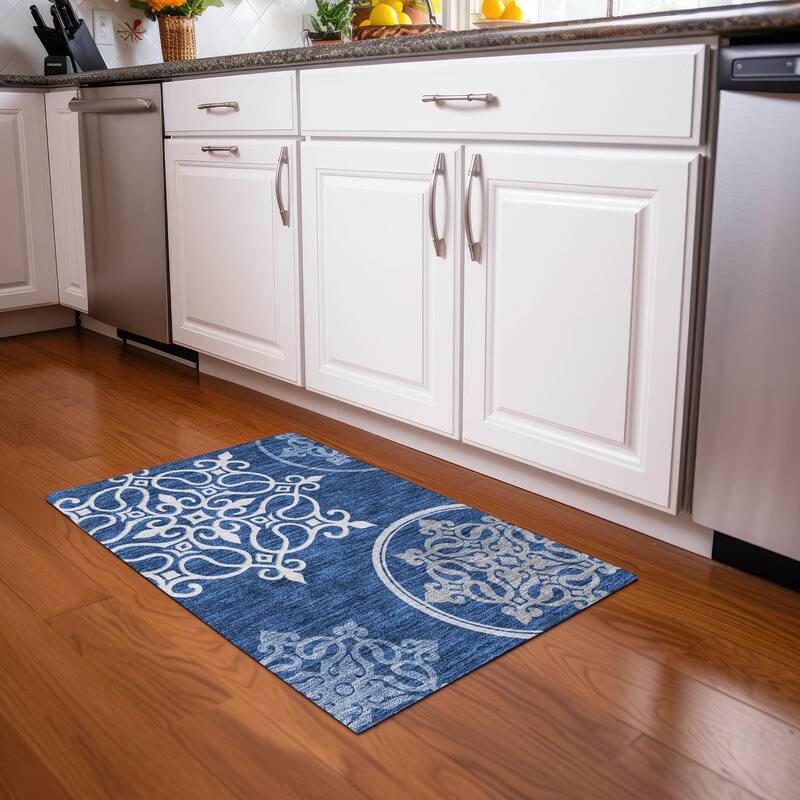 Premium Washable Super Soft Transitional Scroll Mayfield Rug - Navy - 1'8" x 2'6"