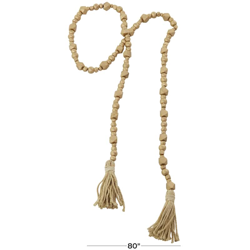 Mango Wood Handmade Hexagon Carved Geometric Long Beaded Garland with Tassel - Roche River Decor