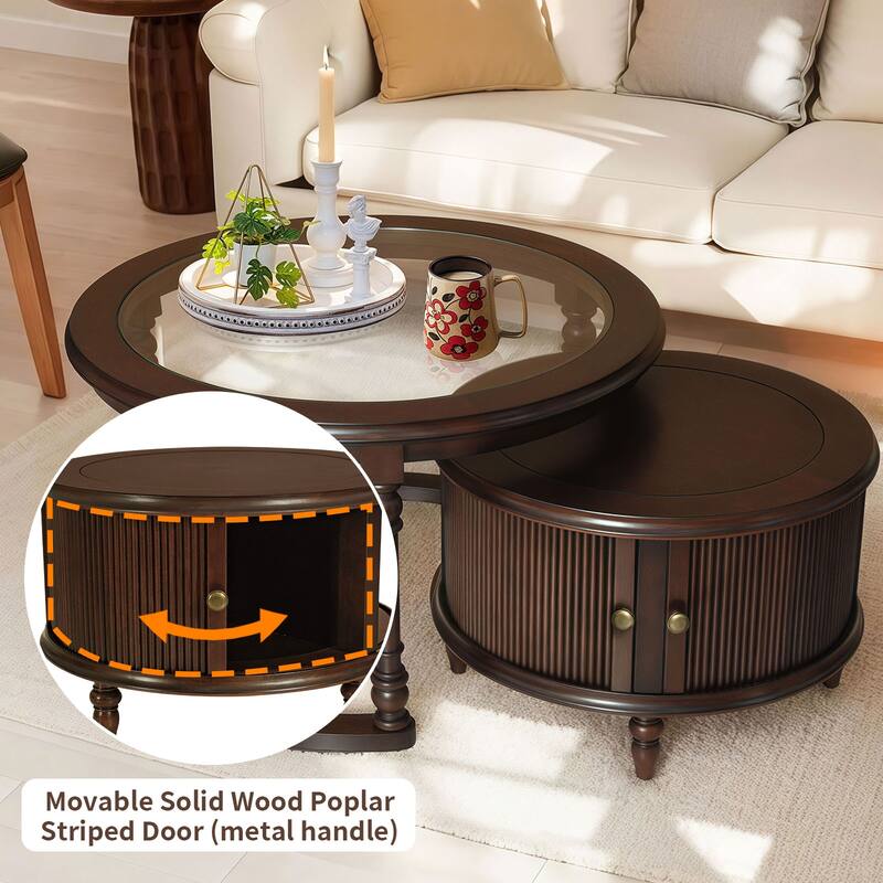 Nesting Table for Living Room, 31.5'' Coffee Table Fluted Set of 2, Tempered Glass Solid Wood Tabletop