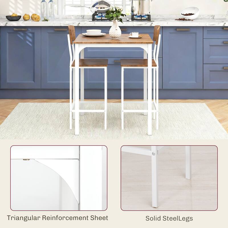 HOMCOM 3 PCs Modern Counter Height Dining Table Set with 2 Matching Stools Foorest Steel Legs