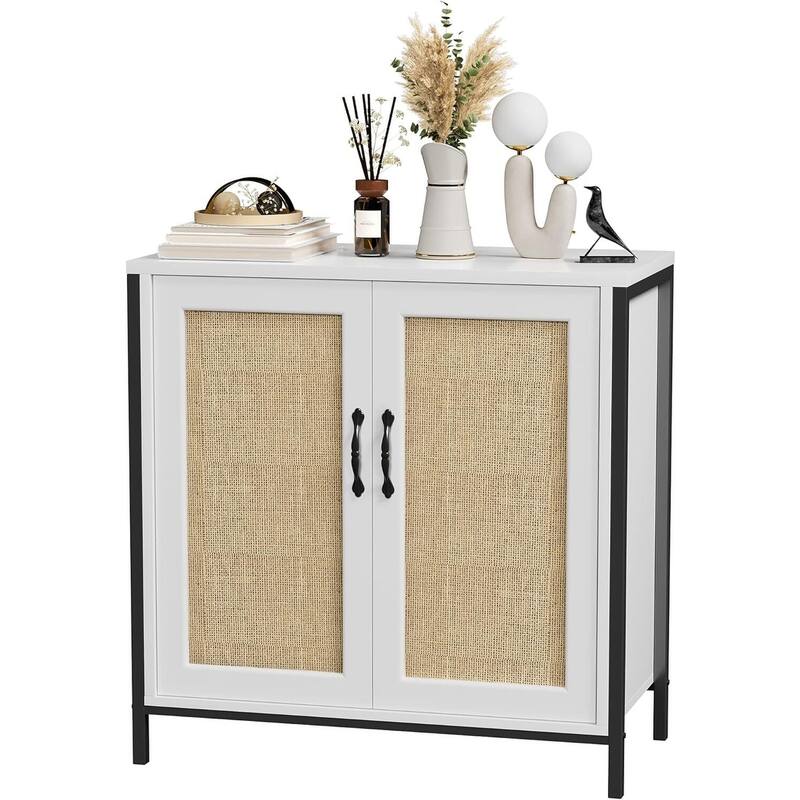 Rattan Storage Cabinet with Doors and Shelves, Natural Rattan Sideboard and Buffet with Storage