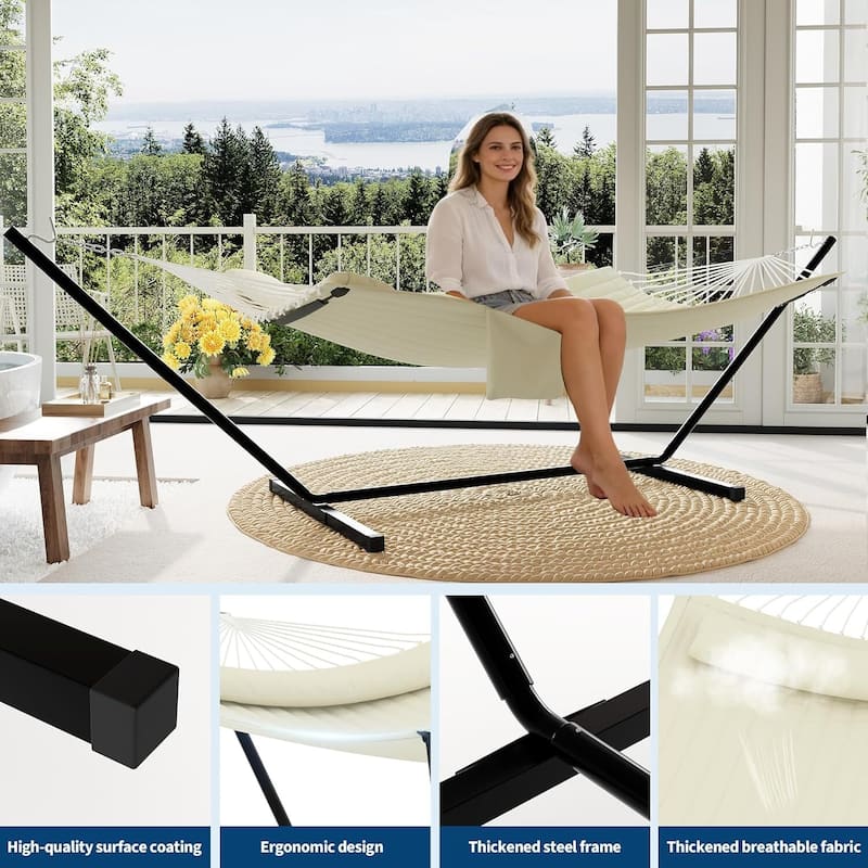 Portable Double Hammock with Stand for Outdoor Patio, Garden, Beach, Backyard, Max 450 Lbs Capacity