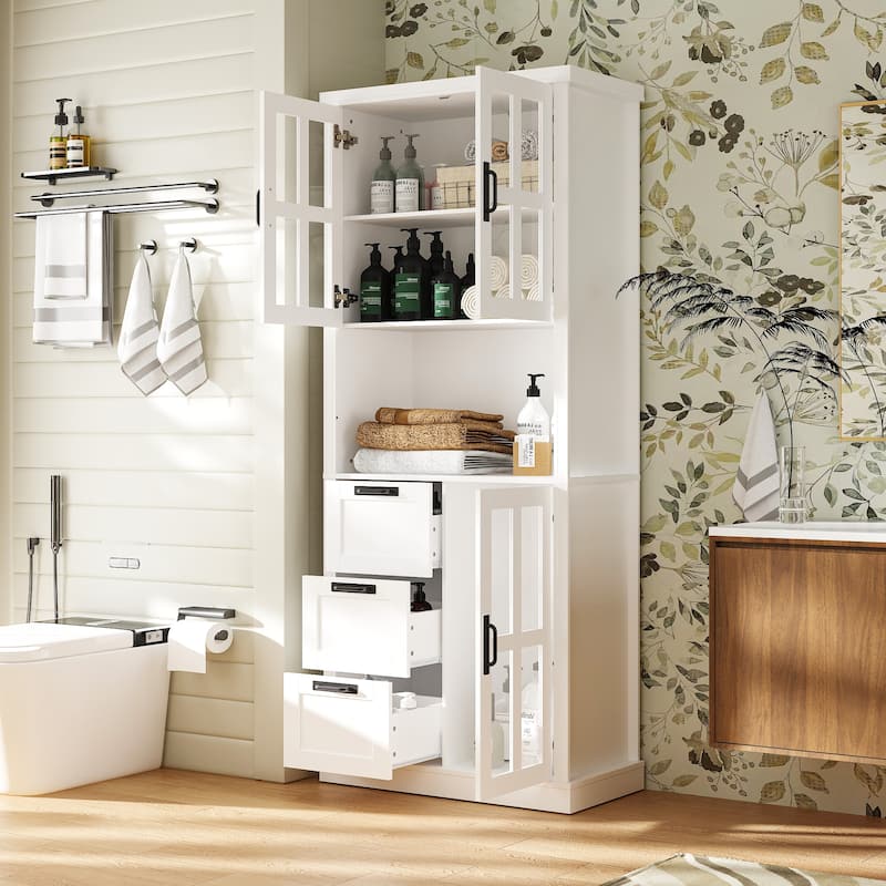 Modern Bathroom Cabinet Freestanding Storage Cabinet with Glass Doors & 3 Drawers