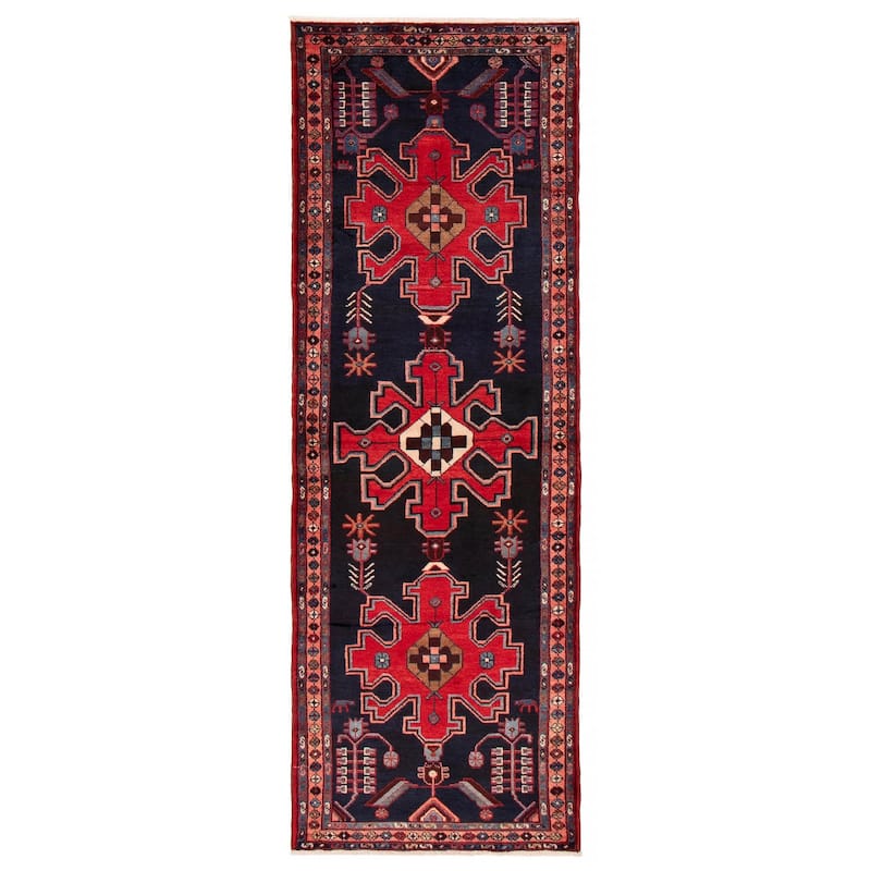ECARPETGALLERY Hand-knotted Anadol Navy, Red Wool Rug - 3'4 x 9'8 - Dark Navy/ Red - 3'4 x 9'8