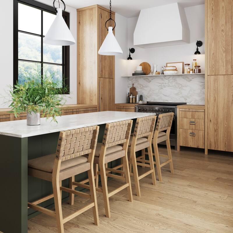 Nathan James Cohen Faux Leather Counter or Bar Height Stool, Solid Wood Frame with Footrest and Woven Leather Back