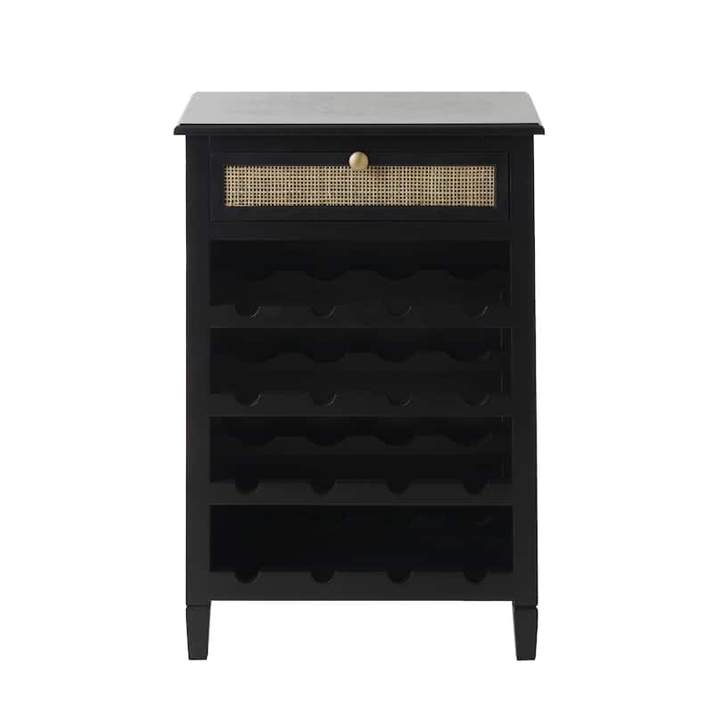 Wooden Handmade 12 Bottle 1 Drawer Standing Wine Rack with Rattan Front - Black - Roche River Decor