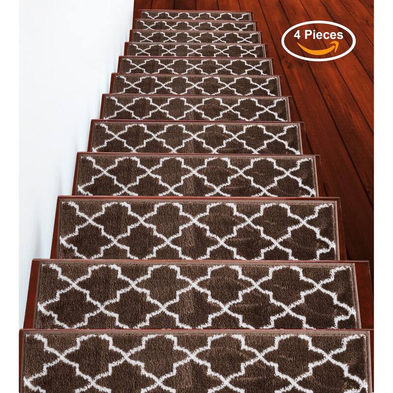 SUSSEXHOME Geometric Stair Treads with Easy to Install Double Adhesive Tape 9" x 28" - 4-PACK - Brown