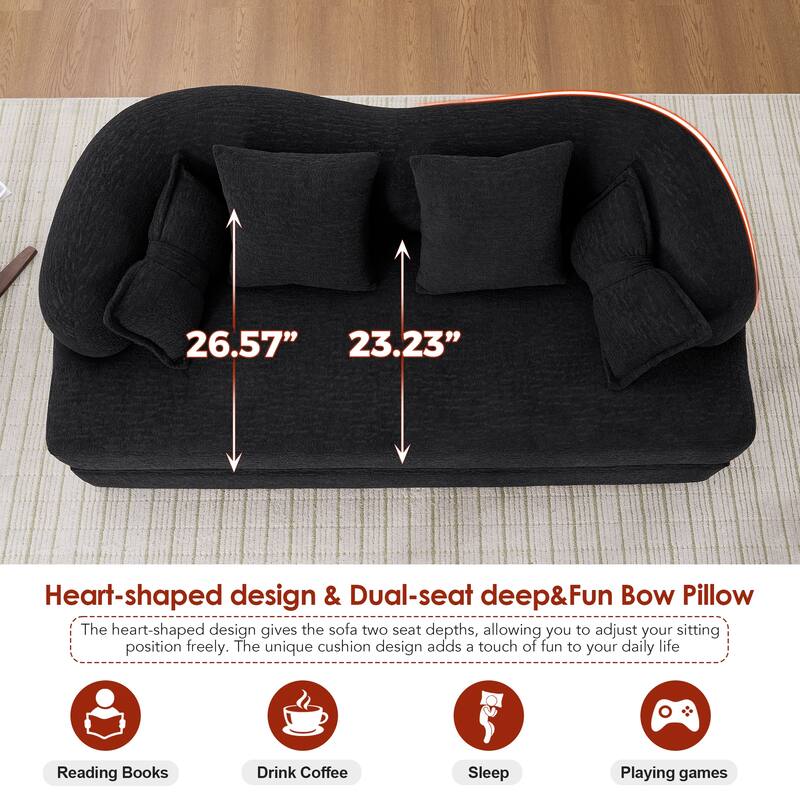 Modern 2-in-1 2-Seater Sofa Folding Sofa Bed with 4 Pillows, Chenille Fabric, High-Density Foam, for Apartment Living Rooms