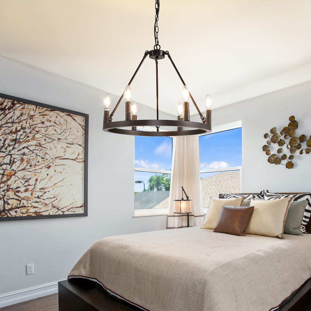 Black Farmhouse Chandelier, 6-Light Wagon Wheel Chandelier with Adjustable Height