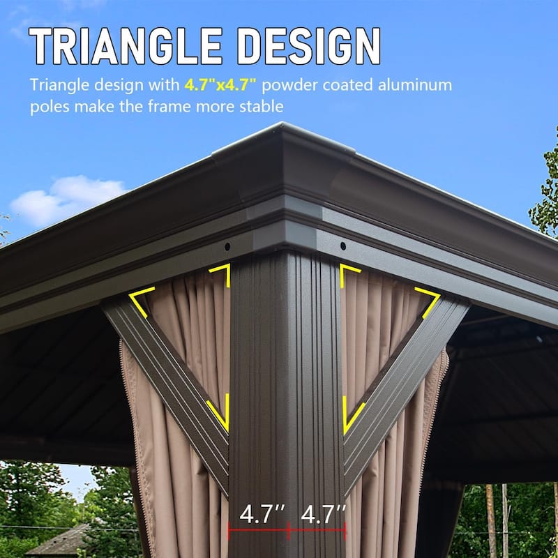 Aluminum Metal Hardtop Gazebo with Galvanized Steel Double Roof Canopy, Curtain and Netting