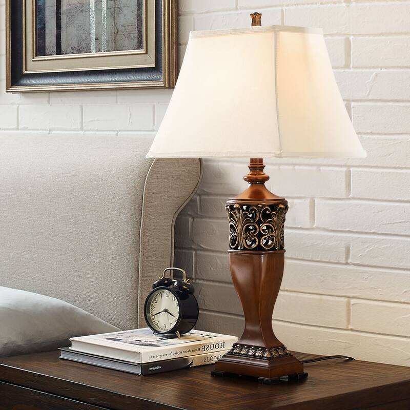 30 in. Resin Table Lamp with Off-White Shade, 9.5-Watt LED Bulbs Included (Set of 2)
