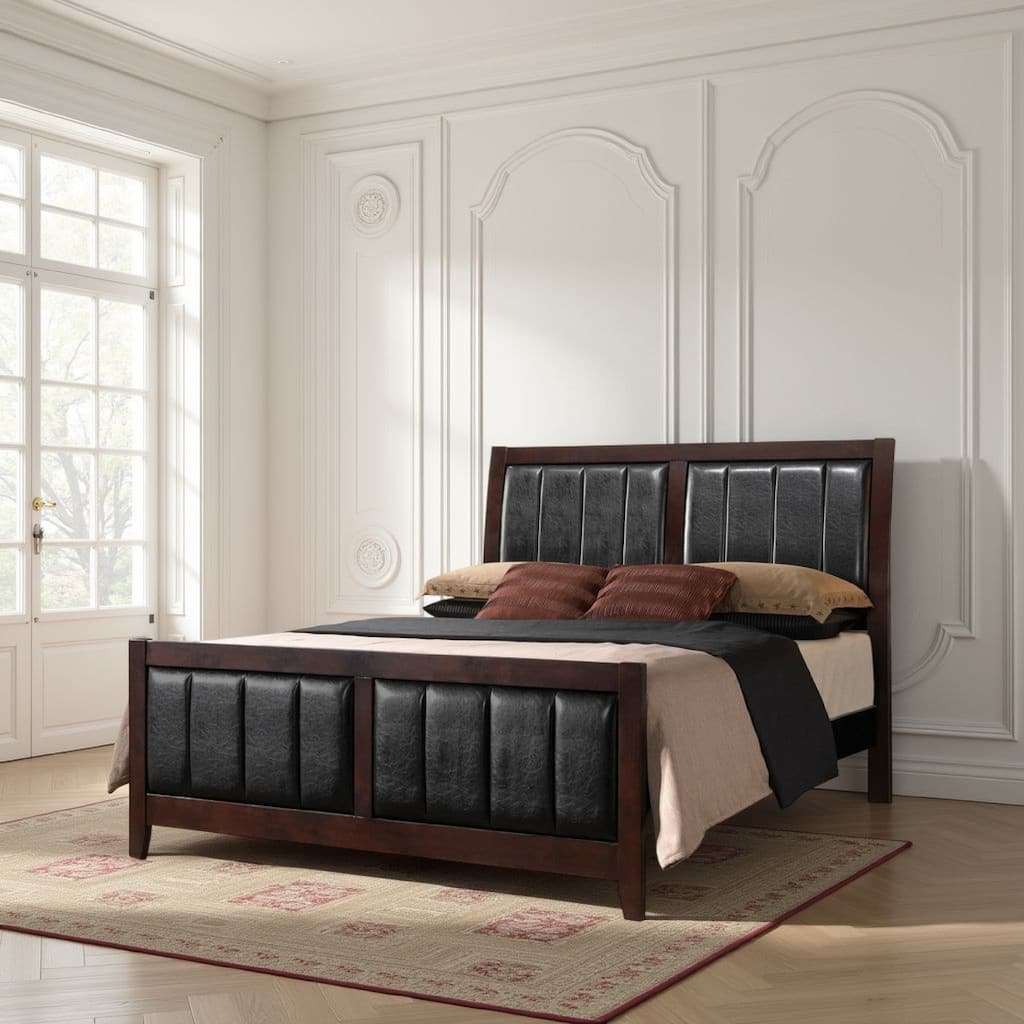 Vida Full Size Panel Bed, Black Leather Upholstery, Tapered Legs, Brown