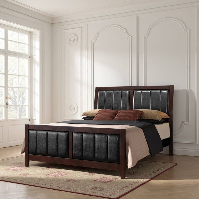 Vida Full Size Panel Bed, Black Leather Upholstery, Tapered Legs, Brown