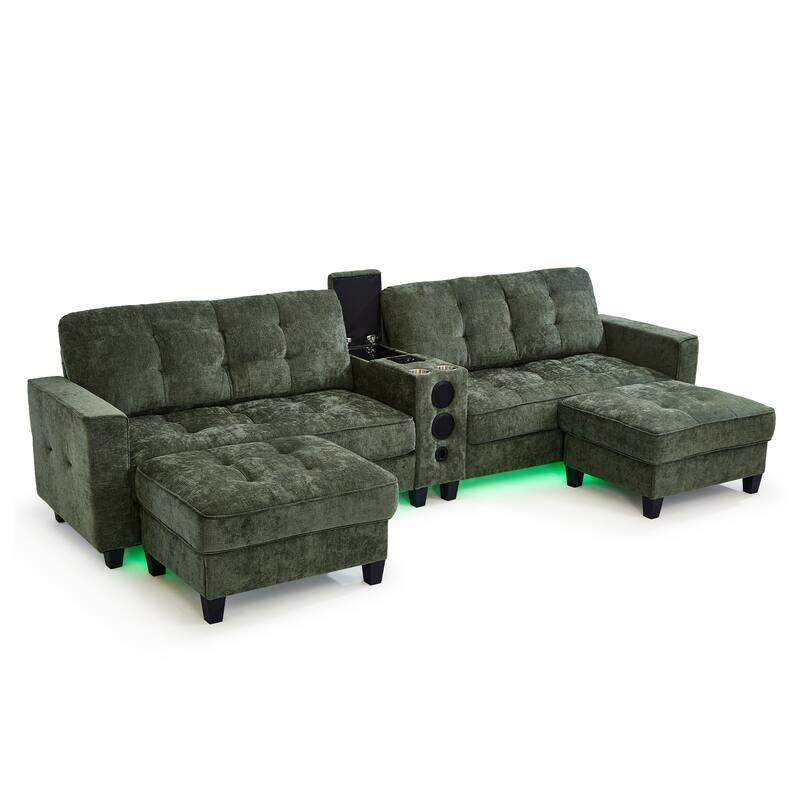 Modular U-shaped Sectional Sofa Couch with Movable Storage Ottomans, Multifunctional Console, Bluetooth Speakers and LED Lights