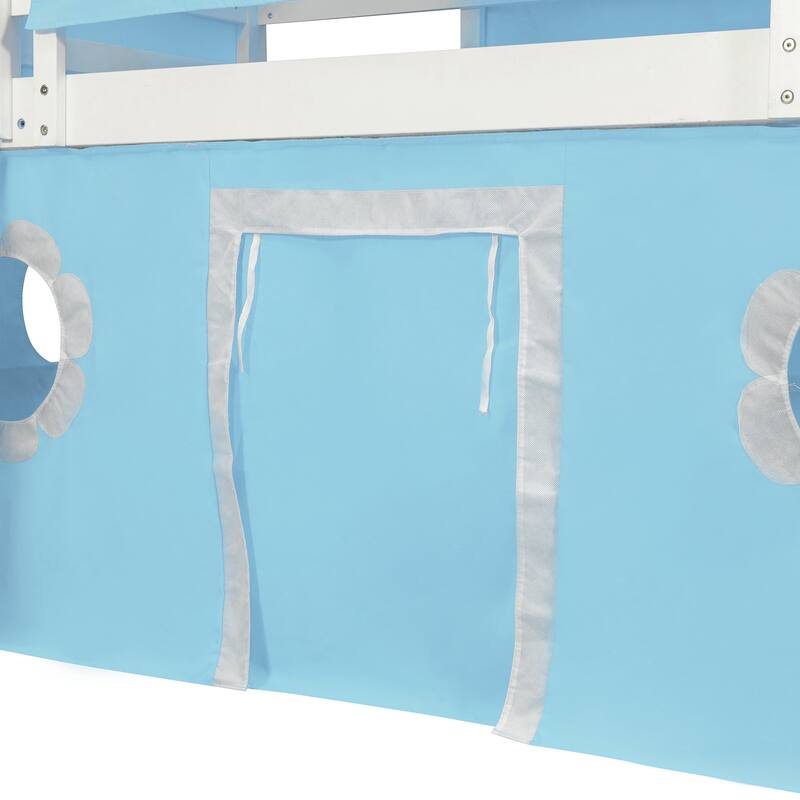 Roomfitters Full Size Loft Bed with Slide, Pink Tent and Tower Playhouse Design